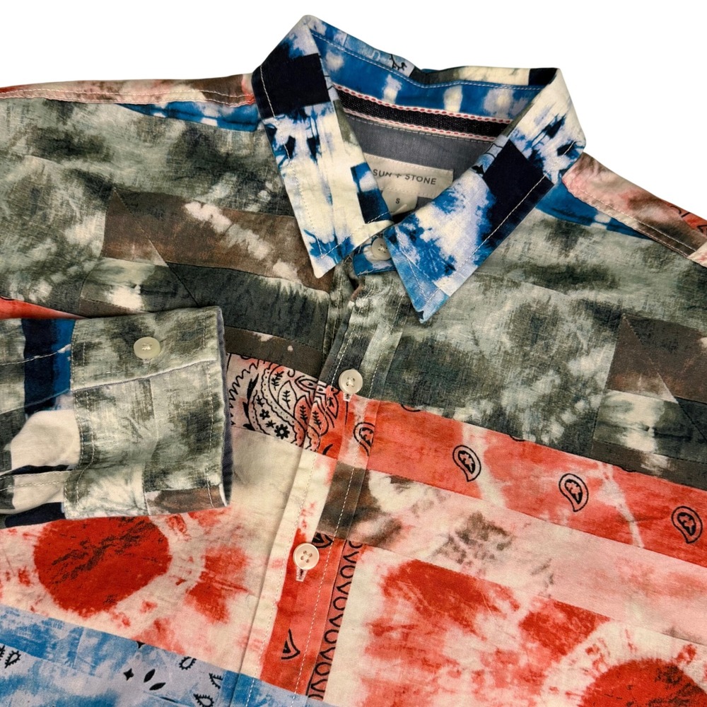 Sun‎ + Stone Mens S Shirt Patchwork Tie Dye Paisley Button Down Cotton Multi